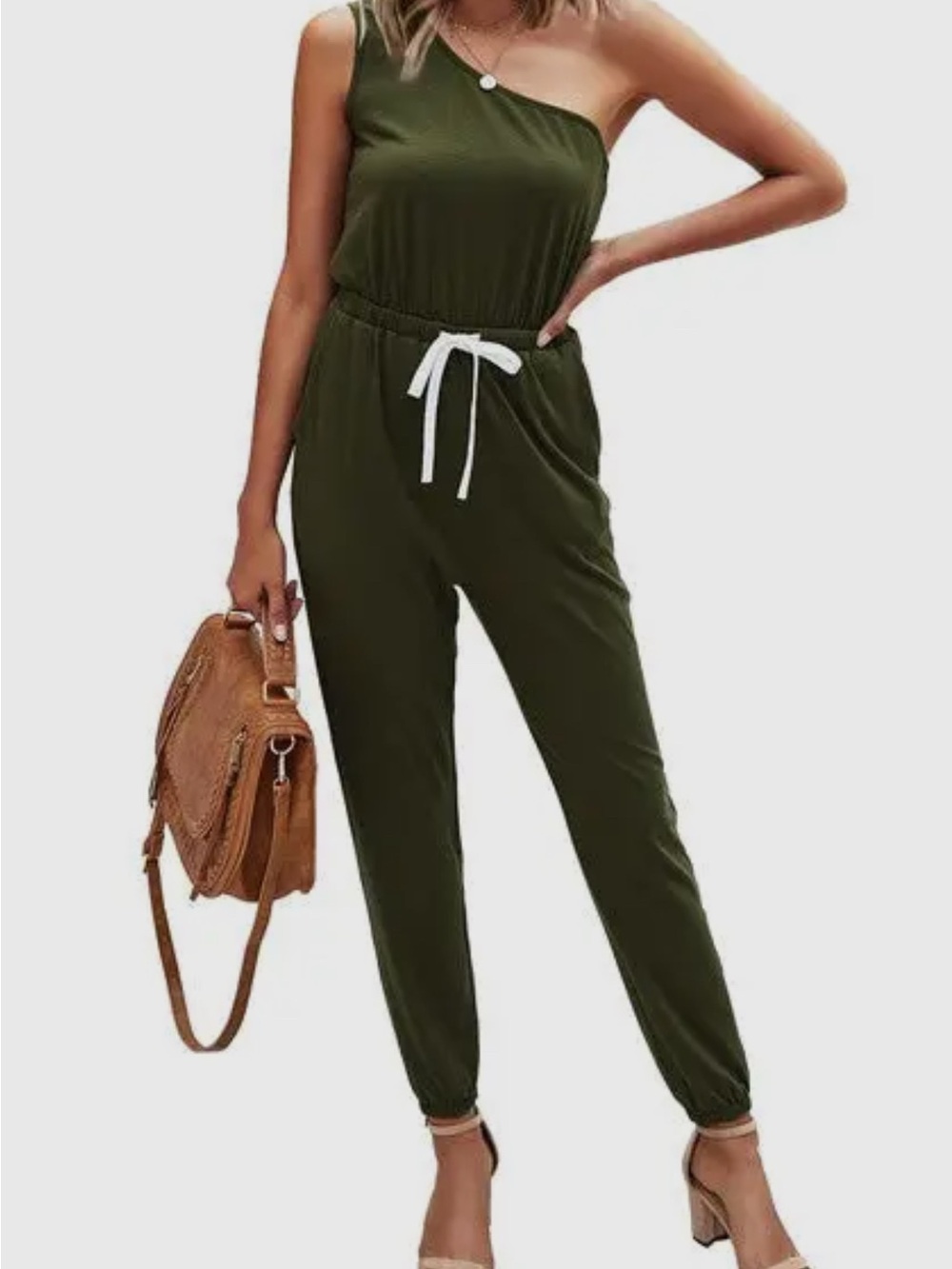 Source Unknown Olive One-Shoulder Jumpsuit with White Drawstring